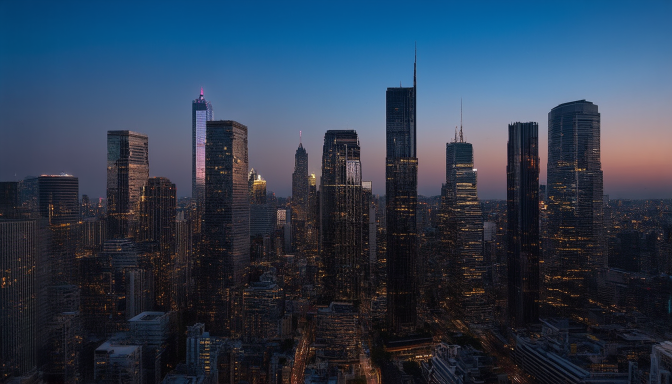 Stadtbild bei Abenddämmerung mit beleuchteten und dunklen Wolkenkratzern