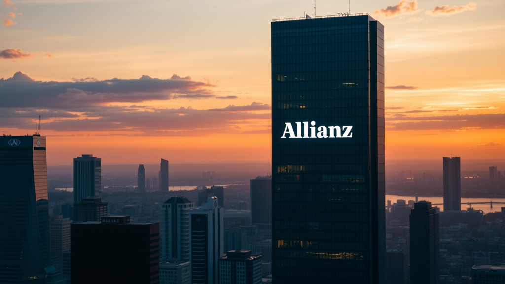 Sonnenaufgangsstadt mit Allianz-Markenlogo auf Hochhaus