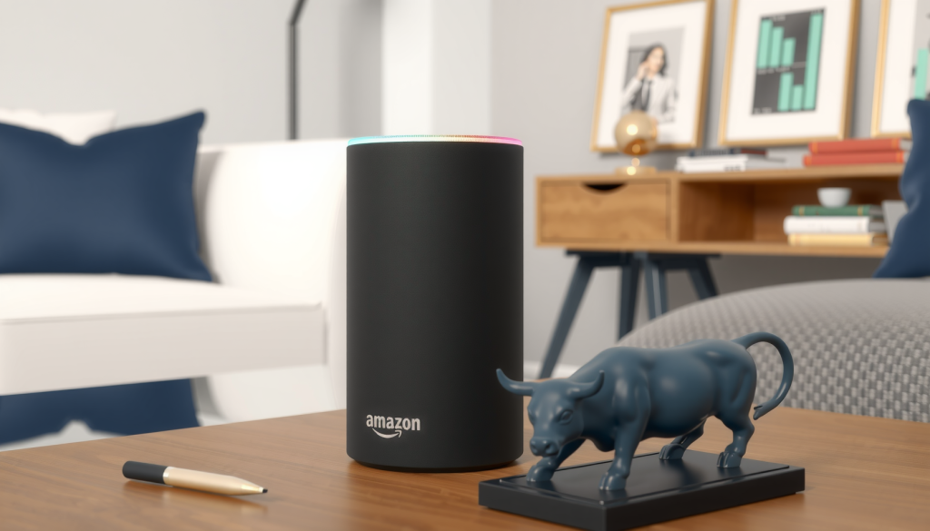 Amazon Echo mit Börsenfiguren im Wohnzimmer