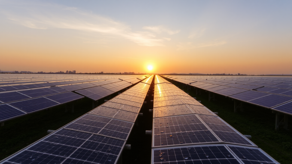 Baywa AG Solarfarm bei Sonnenaufgang