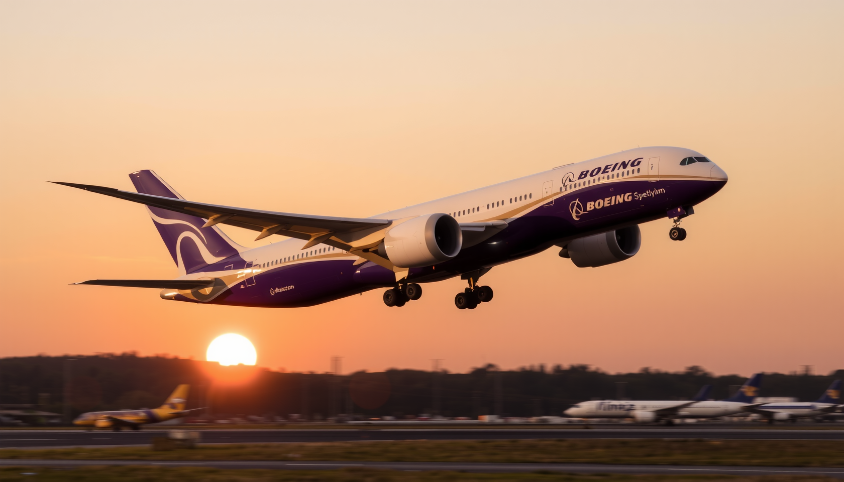 Boeing 787 bei Sonnenaufgang startet