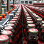 Produktionslinie in Coca-Cola-Fabrik mit vielen Flaschen