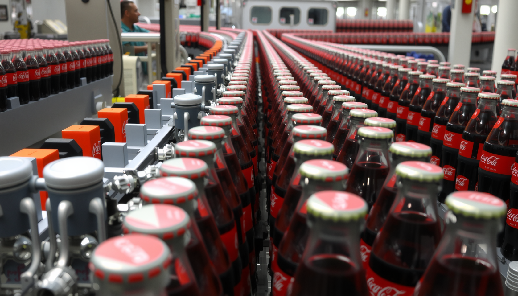 Produktionslinie in Coca-Cola-Fabrik mit vielen Flaschen