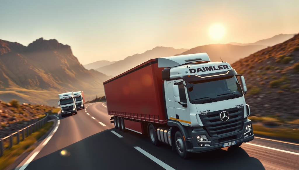 eine Flotte von Daimler-Lkw, die eine malerische Bergstraße befahren