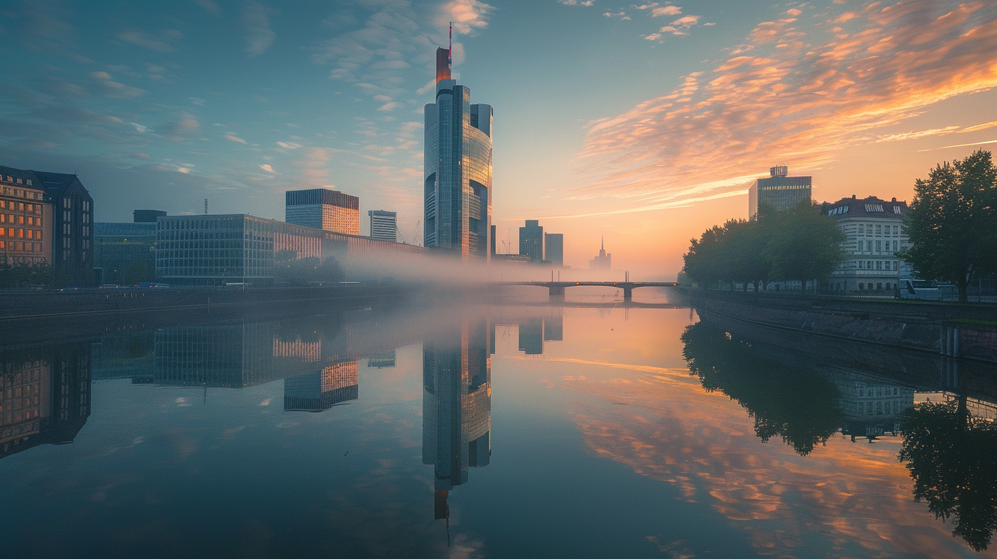 Bürogebäude, die sich im Main spiegeln, Deutsche Bank Turm im Morgenlicht