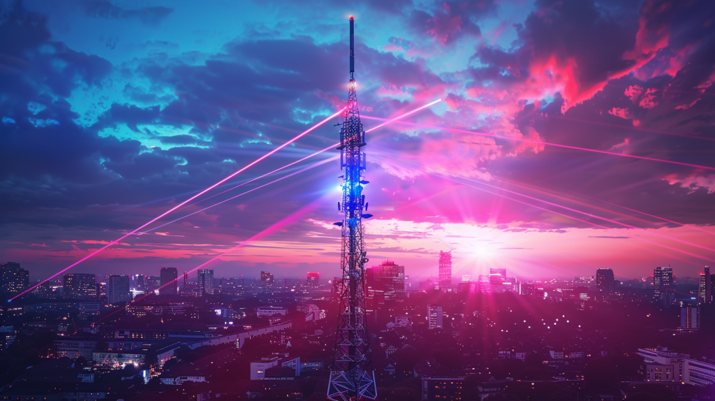 Eine nächtliche Stadtlandschaft mit einem hochmodernen 5G-Turm von Deutsche Telekom, der Lichtstrahlen ausstrahlt