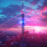 Eine nächtliche Stadtlandschaft mit einem hochmodernen 5G-Turm von Deutsche Telekom, der Lichtstrahlen ausstrahlt