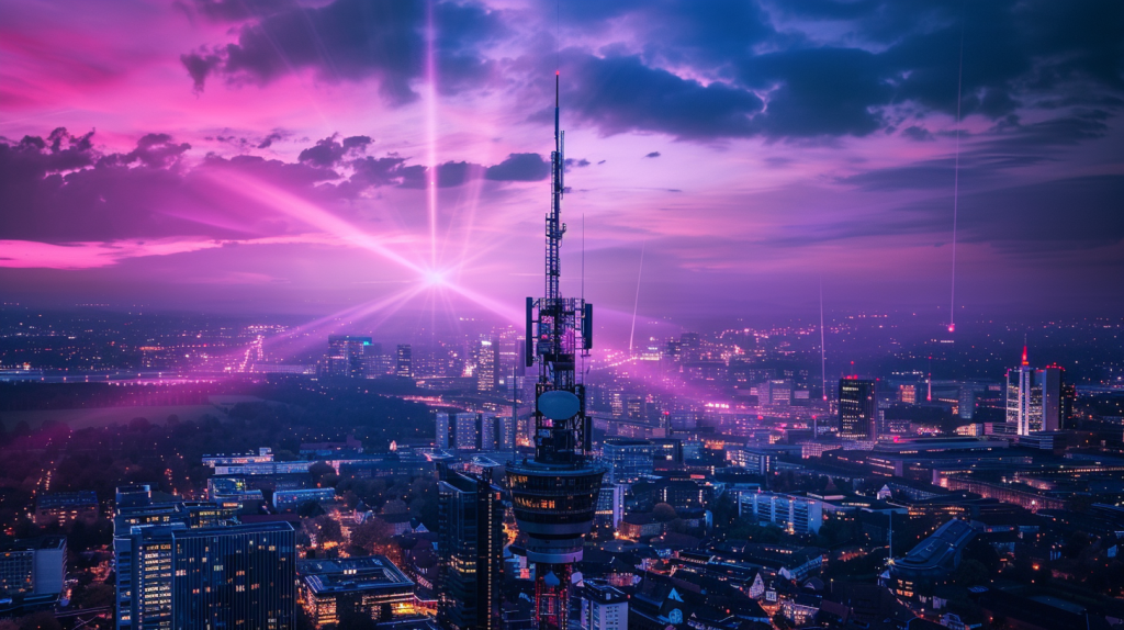 Eine nächtliche Stadtlandschaft mit einem hochmodernen 5G-Turm von Deutsche Telekom, der Lichtstrahlen ausstrahlt