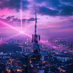 Eine nächtliche Stadtlandschaft mit einem hochmodernen 5G-Turm von Deutsche Telekom, der Lichtstrahlen ausstrahlt