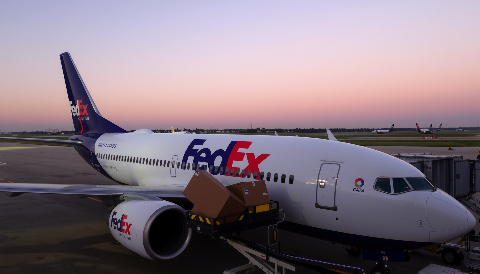 Ein FedEx-Flugzeug wird bei Sonnenuntergang beladen