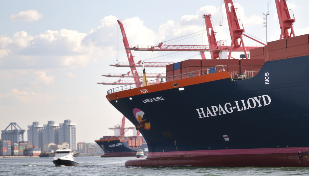 Hapag-Lloyd-Schiff und Hafenkräne