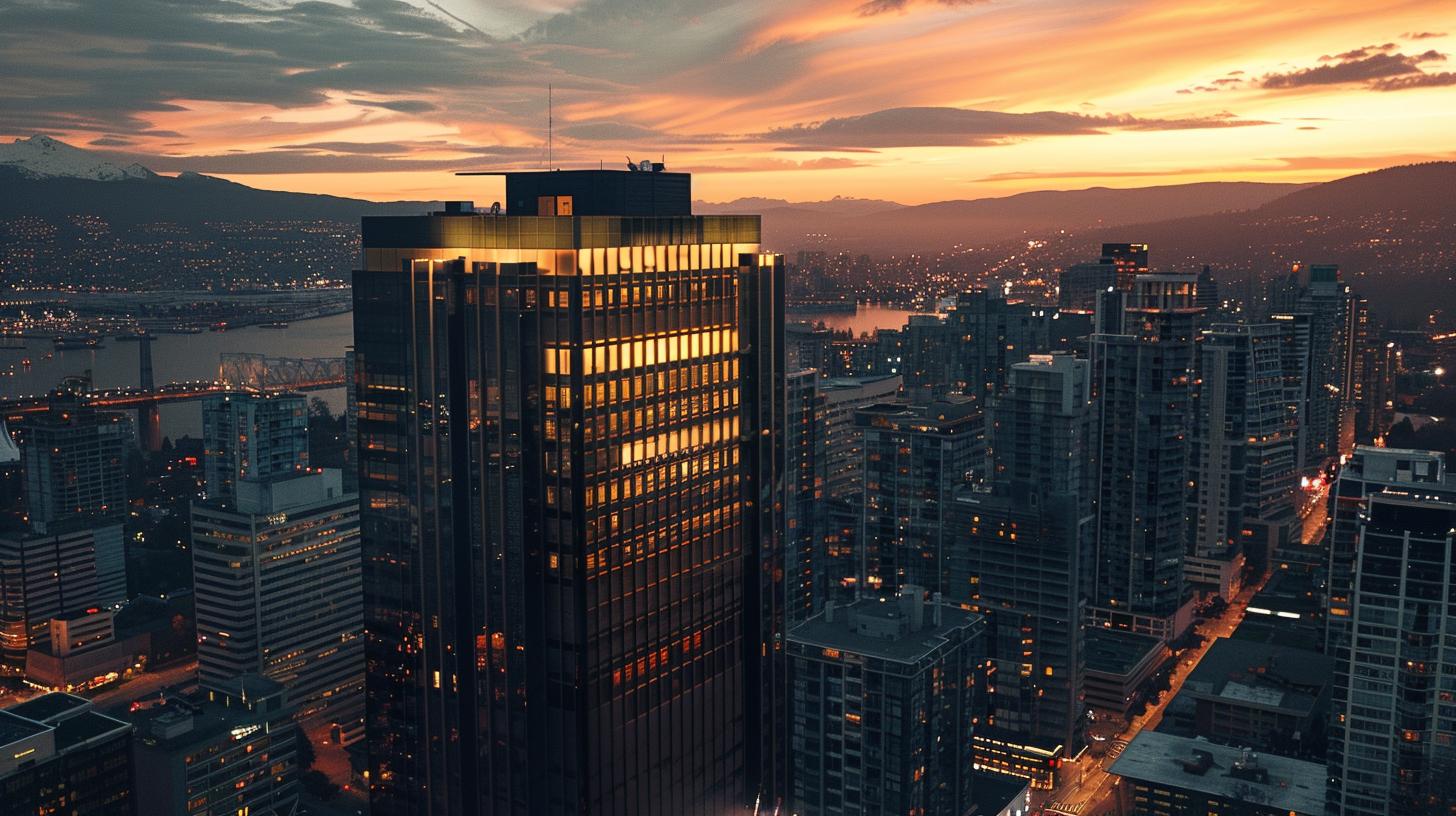 Stadtbild bei Sonnenuntergang mit Cancom-Logo