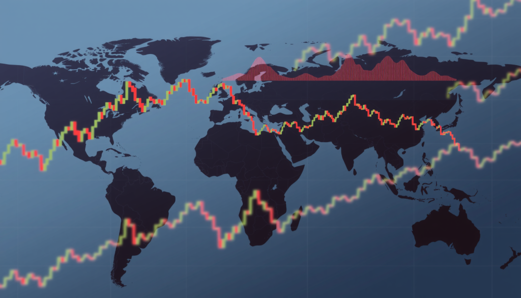 Weltkarte mit schwankenden Börsendiagrammen