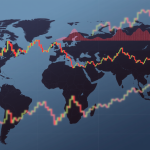 Weltkarte mit schwankenden Börsendiagrammen