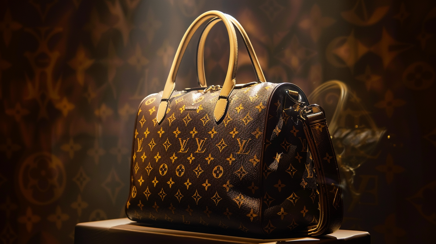 Eine Nahaufnahme einer Louis Vuitton-Handtasche unter einem weichen Scheinwerferlicht