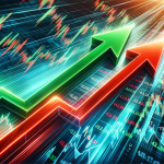 Grüner Aufwärtspfeil und roter Abwärtspfeil vor Börsentickern