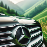 Das Mercedes-Benz-Logo auf einem glänzenden SUV vor grünen Hügeln