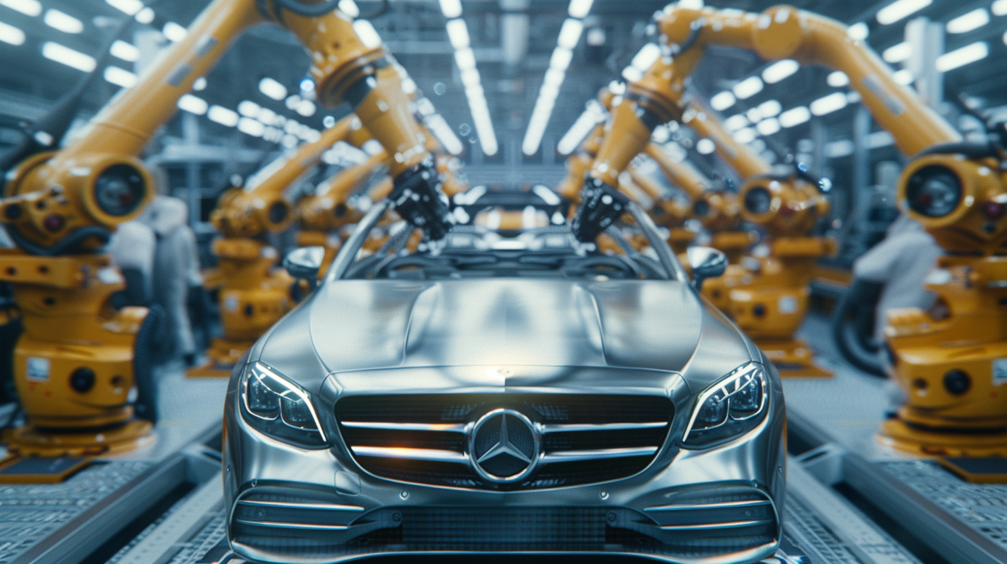 Produktion im Mercedes-Benz-Werk mit Robotern und Technikern