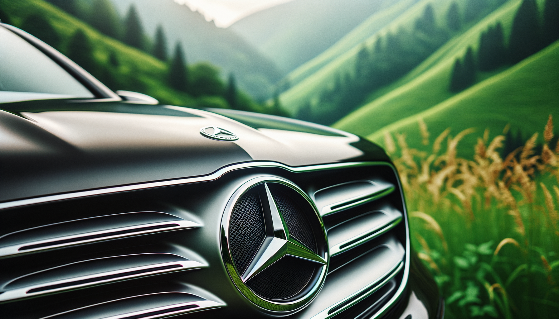 Das Mercedes-Benz-Logo auf einem glänzenden SUV vor grünen Hügeln