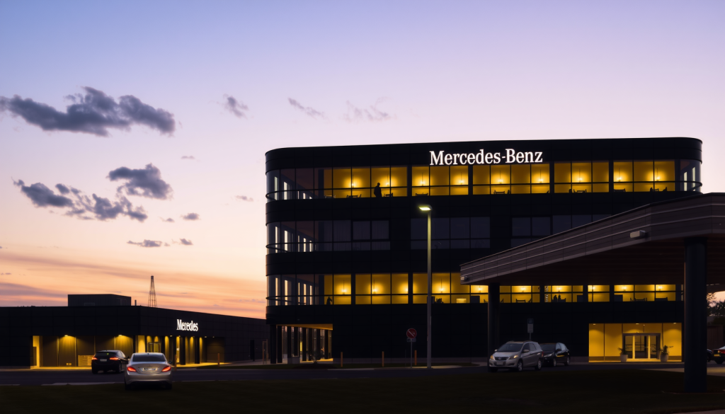 Mercedes-Benz Zentrale bei Dämmerung.