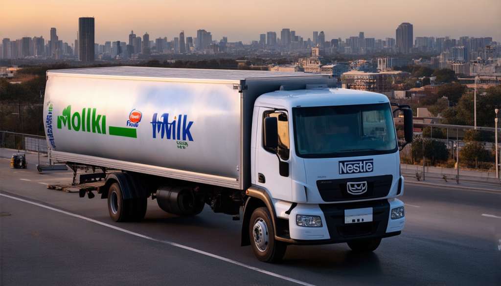 Moderner Nestle-LKW liefert frische Milch aus