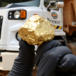 Ein glänzender Goldnugget in einer behandschuhten Hand vor einem Newmont Mining-Lastwagen