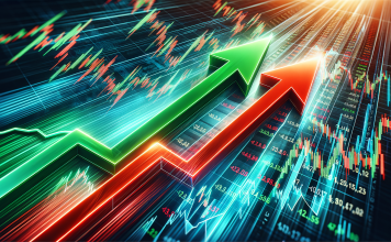 Grüner Aufwärtspfeil und roter Abwärtspfeil vor Börsentickern