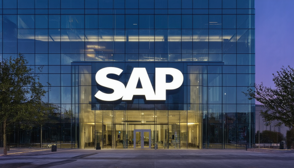 Fassade der SAP-Zentrale, modernes Glasgebäude bei Dämmerung