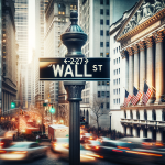 Wall Street-Schild vor verschwommenem Stadtverkehr und historischen Gebäuden