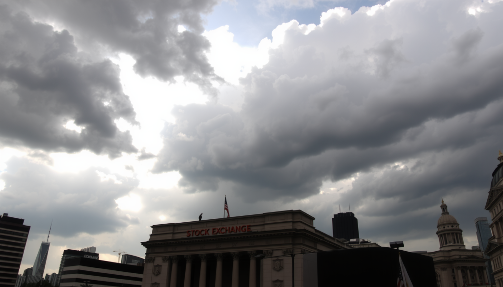 Dramatische Wolken über Stadt und Börsengebäude.