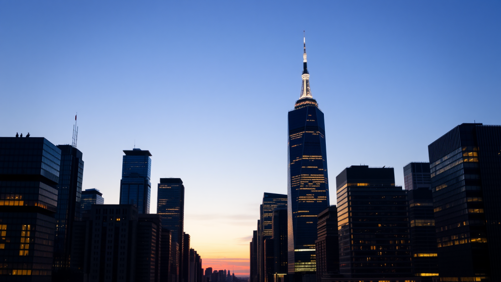 Skyline des Finanzviertels bei Dämmerung mit leuchtenden Bürofenstern