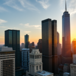 Finanzbezirk bei Sonnenuntergang mit Hochhäusern und reflektierendem Licht.