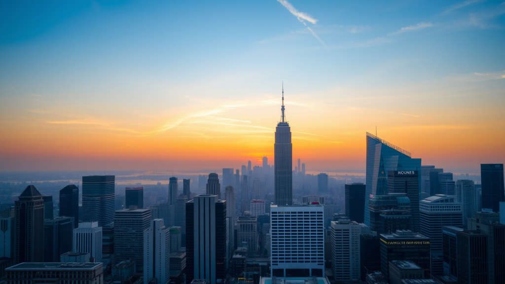 Finanzviertel im Sonnenuntergang mit Wolkenkratzern