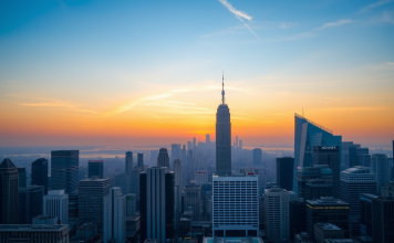 Finanzviertel im Sonnenuntergang mit Wolkenkratzern