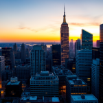 Finanzviertel-Skyline bei Sonnenuntergang