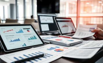 Finanzanalysten Arbeitsplatz mit Diagrammen