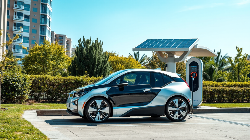 Ein BMW Elektrofahrzeug lädt an einer Solarladestation.