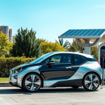 Ein BMW Elektrofahrzeug lädt an einer Solarladestation.