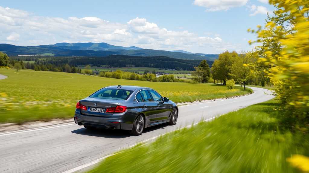 Ein BMW 3er fÃ¤hrt durch eine malerische Landschaft.