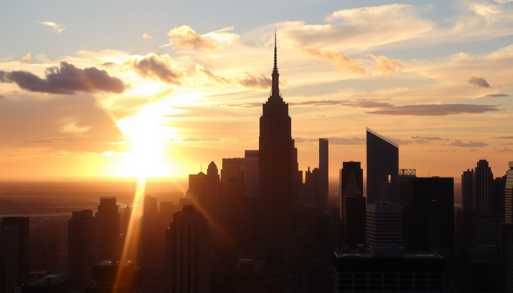 Leuchtende Skyline der Stadt bei Sonnenuntergang