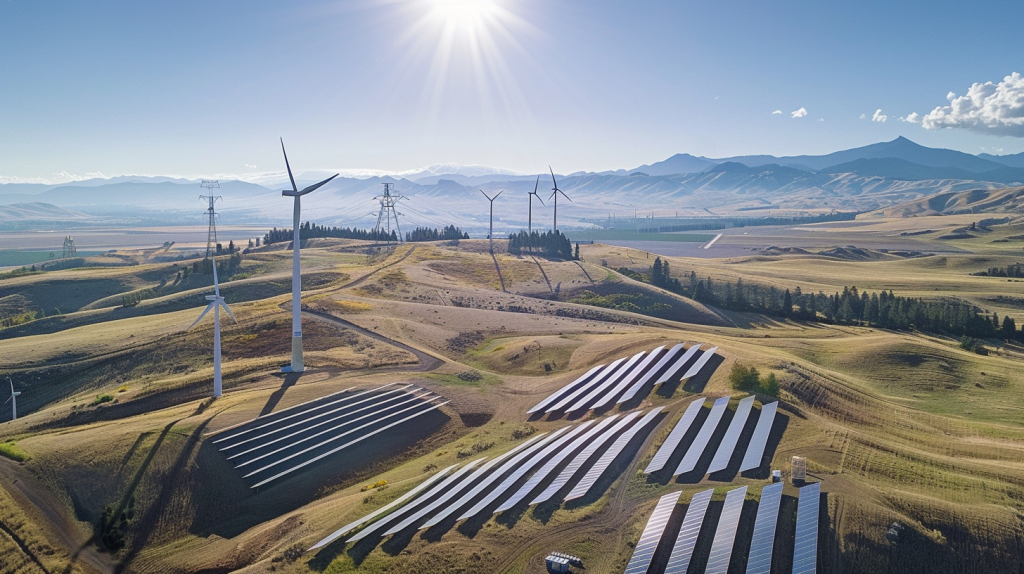 Malerische Landschaft mit Windturbinen und Solarpaneelen, die Ballard Powers Engagement für erneuerbare Energien hervorheben.