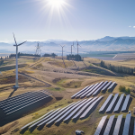 Malerische Landschaft mit Windturbinen und Solarpaneelen, die Ballard Powers Engagement für erneuerbare Energien hervorheben.