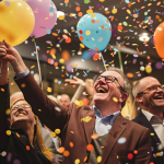 Fröhliche Aktionäre feiern mit Ballons und Konfetti bei der Jahreshauptversammlung von Ballard Power.