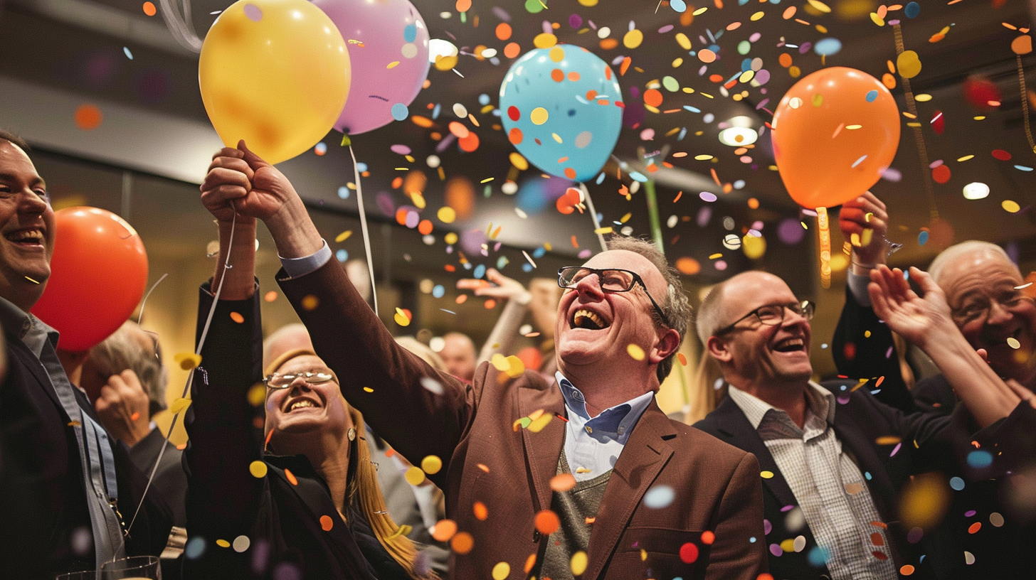 Fröhliche Aktionäre feiern mit Ballons und Konfetti bei der Jahreshauptversammlung von Ballard Power.