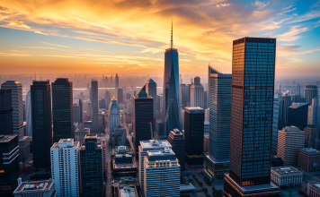 Panoramablick auf Finanzviertel bei Sonnenuntergang