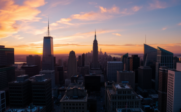 Blick auf das Finanzviertel bei Sonnenuntergang