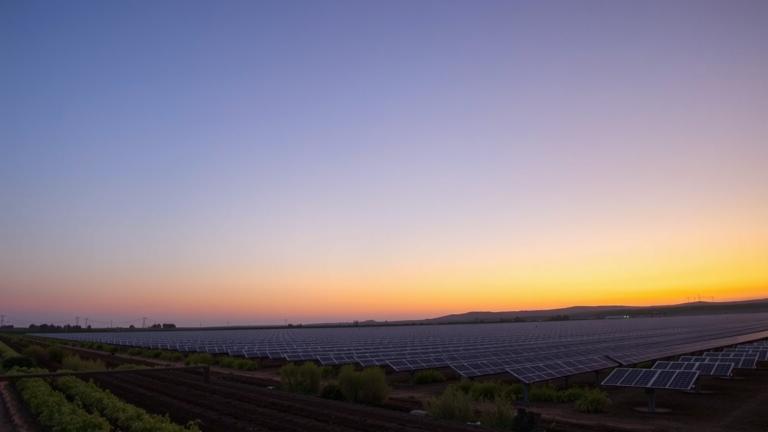 Baywa AG Solarfarm bei Dämmerung