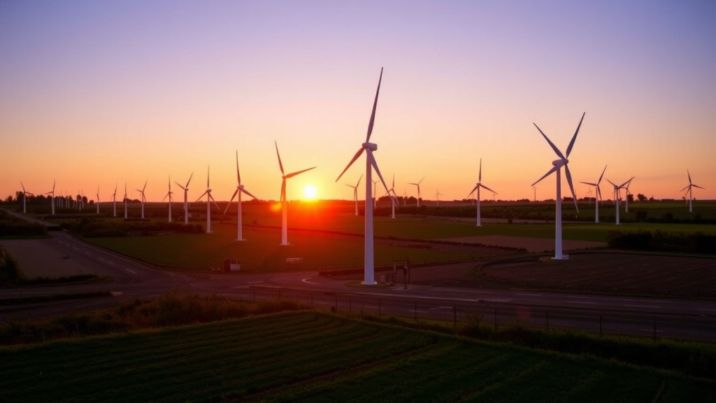 Baywa-Windturbinen im Sonnenuntergang