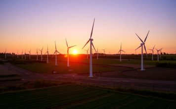 Baywa-Windturbinen im Sonnenuntergang