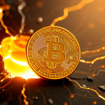 Leuchtender goldener Bitcoin aus digitaler Matrix